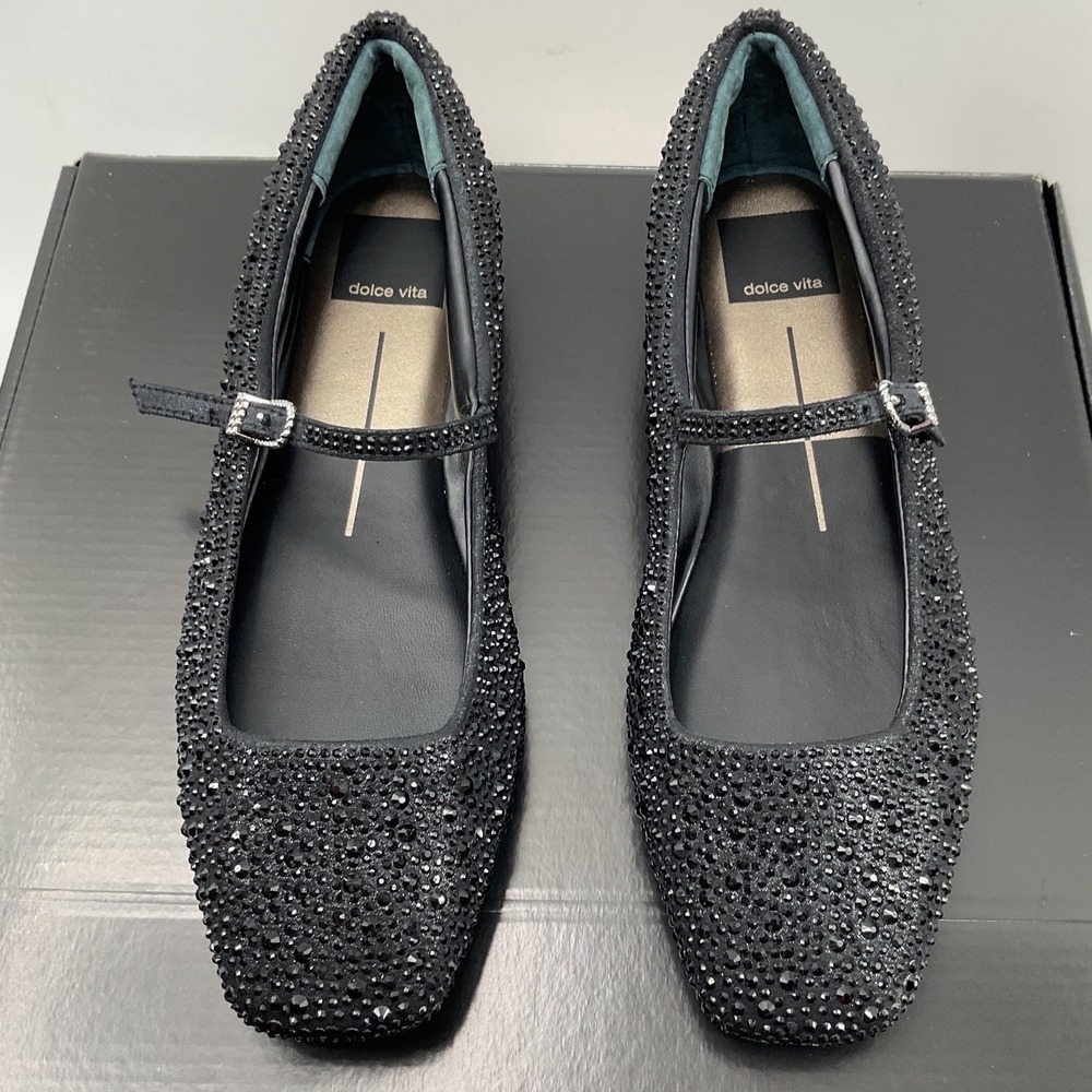 Dolce Vita Anisa Black Rhinestone Mary Jane Flats Square Toe Buckle Strap 6
